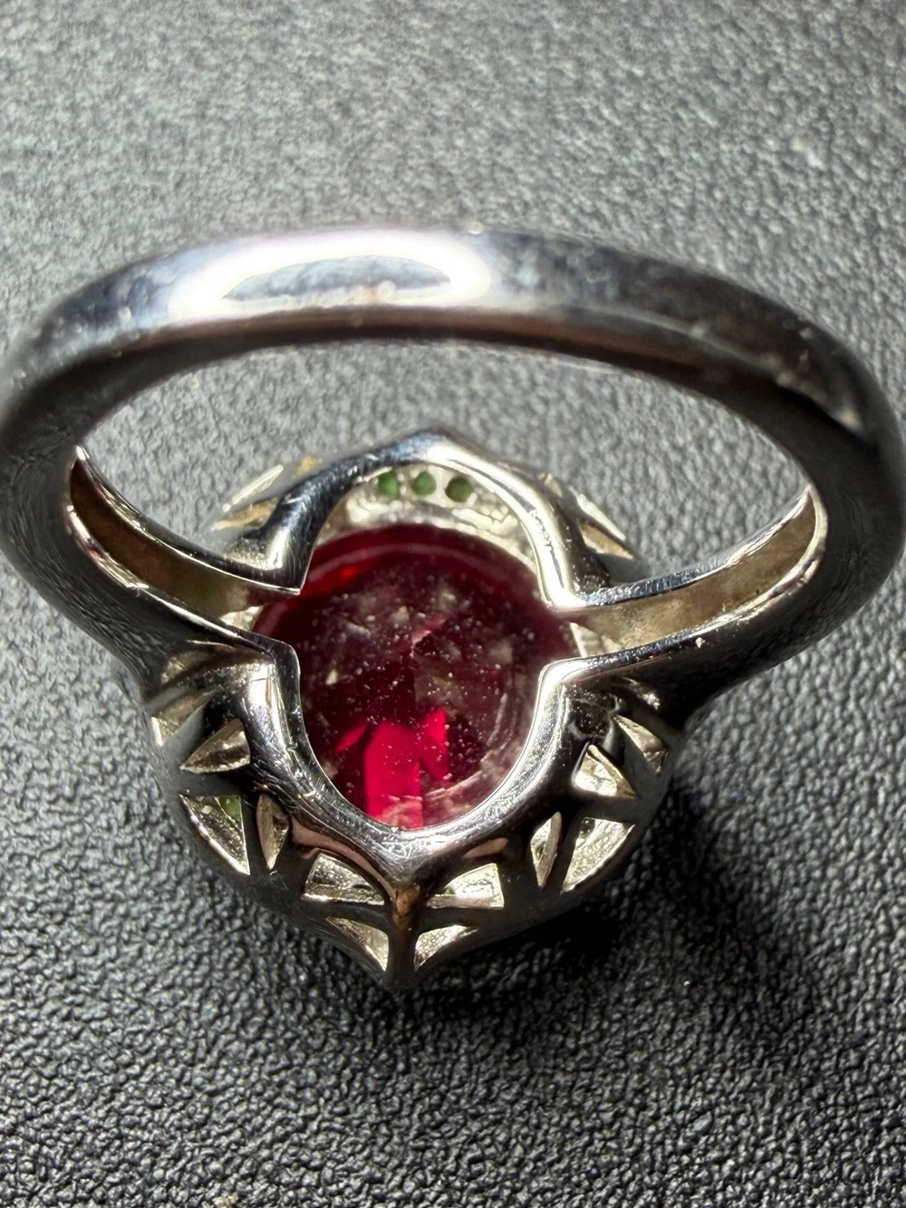 Sterling Silver Ring with Large Fuchsia and Green Accent Stones size 6